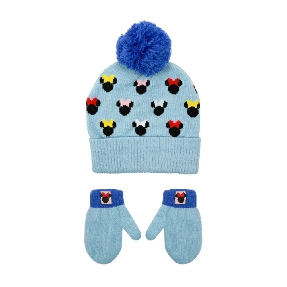 Baby Toddler Girls Minnie Mouse Knit Beanie Hat & Gloves Winter Cozy 2-Piece Set